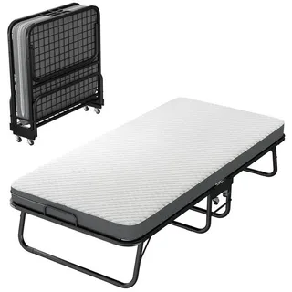 OKWISH Metallbett Klappbares Gästebett (Klappbett, Einzelbett, 90x190cm, mit Matratze, 4 Rollen), Platzsparendes Tagesbett schwarz 90 cm x 190 cm x 44 cm