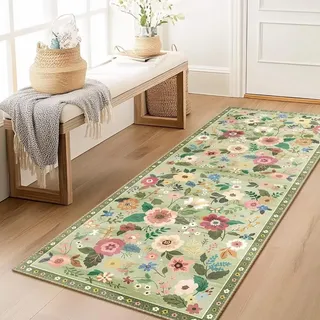 Teppich Läufer Flur 80x160 cm, Weicher Retro Boho Blumen Teppichläufer Flur, Kurzflor Küchenteppich Waschbar Rutschfest, Lang Modern Flurläufer für Flure, Küche, Schlafzimmer, Wohnzimmer (Grün)