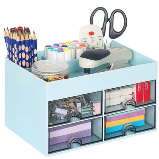 TQVAI Schreibtisch Organizer, 3 Fächer Stiftehalter Schreibtisch mit 4 Schubladen Stiftehalter Kinder Multifunktionaler Stifte Aufbewahrung Für Büro Zuhause Schule, Blau