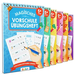 Edubini Magische Vorschule Übungshefte ab 5 Jahren für Junge & Mädchen - [6 Hefte + Stift] - Wiederverwendbare Schreiblernhefte für Vorschule - Buchstaben lernen, Schreiben lernen (6er Set)