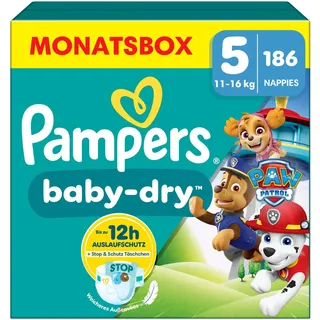 Paw Patrol Edition Größe 5, 186 Windeln, 11kg-16kg, Bis zu 100% Auslaufsicher & Komfortable Nacht