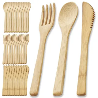 Wuhonghao Bambus Besteck Set,Bambusbesteck Campinggeschirr 30-teilig,je 10 x Bambus Löffel Gabel Messer,Holz Besteck Mehrweg,Nachhaltig Bambusgeschirr Einweg,Holzbesteck Abbaubar,Partybesteck