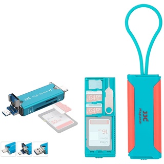 JJC Speicherkarten-Hülle mit USB 3.0 Multifunktions-Kartenleser, schlank, tragbar, Reisehalter, Aufbewahrung für 1 SD + 2 TF + 1 Nano-SIM-Karte (Blau & Pink)