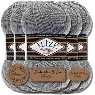 Hobby YARN Alize Superlana Klasik 5 x 100 g Türkische Premium Wolle Baumwolle und Acryl Uni Handstrickgarne Yarn Garn Strickgarn Baby zum Stricken Strickgarn (Grey Melange | 21)