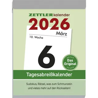 Zettler Tagesabreißkalender XL 2026 - 8,2x10,7 cm - 1 Tag auf 1 Seite - mit Sudokus, Rezepten, Rätseln uvm. auf den Rückseiten - Bürokalender 305-0000