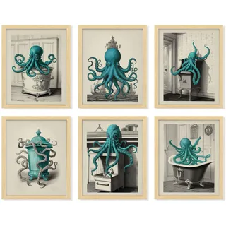 97 Decor Vintage-Oktopus-Dekor, Oktopus-Badezimmer-Dekor, nautische Oktopus-Wandkunst, Oktopus-Poster, Meeresmonster-Kunstwerk-Bilder für Heimdekoration (20,3 x 25,4 cm, ungerahmt)