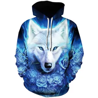 Sucor Damen Pullover Herren 3D Druck Kapuzenpullover Unisex Hoodie Langarm Drawstring Pullover Sweatshirt mit Tasche(S/M,Rose Wolf) - S-M