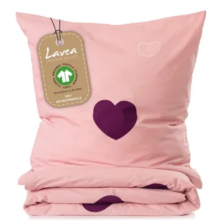 LAVEA Lavea® Emilia Bettwäsche Kinder Set, Kinderbettwäsche aus 100% Bio-Baumwolle, mit Herzmotiv, weiche Bezüge für Bettdecke und Kopfkissen, mit Reißverschluss, Rosa Bordeaux 100 x 135 cm und 40 x 60 cm