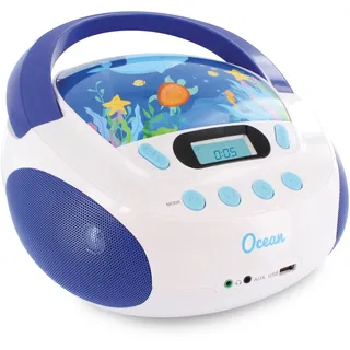 mooov 477170 CD Player für Kinder mit Lautsprechern, USB, Kopfhöreranschluss, AUX-IN-Port - Boombox CD Spieler Tragbar - Netzbetrieb oder Batterien - Modell Ozean - Blau/Weiß