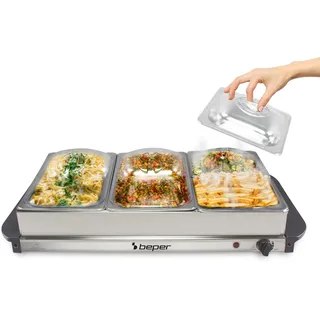 BEPER P101TEM002 Buffetwärmer, Speisenwärmer, 4 herausnehmbare Tabletts + Warmhalteplatte, Einstellbarer Thermostat und wärmeisolierende Griffe, ideal für Partys und Veranstaltungen