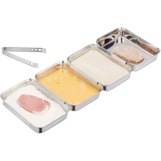 Relaxdays Panierstraße Edelstahl, 4 Schnitzel Panierset Schalen, mit Panierzange, stapelbar, spülmaschinenfest, Silber