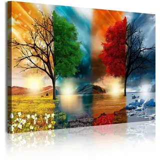 DekoArte 320 - Modernes Bild, digitalisierter Kunstdruck | Dekoratives Bild für den Salon oder das Schlafzimer |Stil Landschaft vier Jahreszeiten rote Bäume | 1 Teil 120 x 80 cm