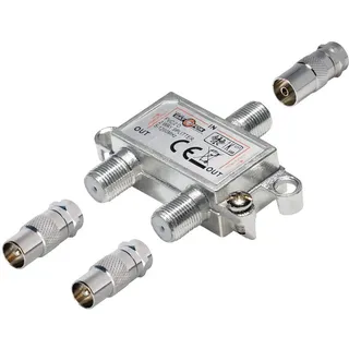 2-Fach TV-Verteiler mit Koax-Adaptern; für Kabel-TV; 1 Eingang - 2 Ausgänge; Profi - Qualität für HDTV ; mit Rückflusssperre und Entkopplung; Metall-Gussgehäuse