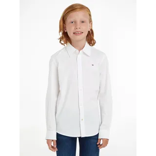 Langarmhemd TOMMY HILFIGER "SOLID STRETCH POPLIN SHIRT L/S", Jungen, Gr. 10/140, N-Gr, weiß, Web, Obermaterial: 97% Baumwolle, 3% Elasthan, klassisch, Basic schmal, Langarm 1-Knopf-Manschette, Hemden Festliche Hemden, für Jungen