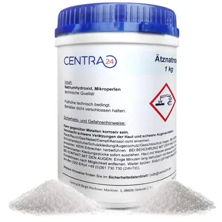 Centra24 Natriumhydroxid, Perlen, 1 KG in Dose, Ätznatron, Laugenperlen, Abbeizen, Lauge, Seife, Reiniger, Kaustisches Soda, NaOH, Seifennatron, Industrie, Labor, Rohrreiniger