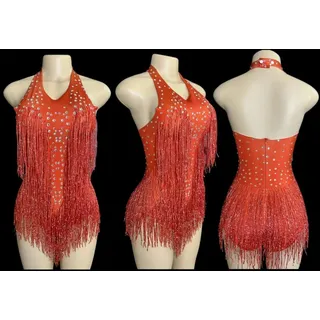 WBLSPA Glitzernder Body mit Fransen und Strasssteinen für Damen, Vightclub, Party, Tanzkostüm, Bühnenkleidung, sexy Quasten-Trikot, Performance-Kleidung, 7G-Rot-SM