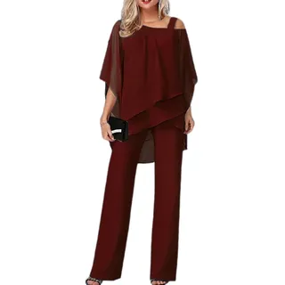 JIAALU Hosenanzug Damen Zweiteiler Chiffon Shirt Tüll Abendanzug Sets Elegant Vintage 2-Teiliges Set Outfit Hohe Taille Hosenanzug Cocktail Party Festlich Hosenanzug - XXL