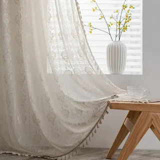 Sedefen Vorhänge Blumen Beige Weiß Baumwolle Leinen Gardinen Landhausstil Stickerei Halbtransparente Leinenoptik Vintage Gardinen mit Quasten für Wohnzimmer Schlafzimmer,2er Set,(B) 150 × 160cm (H)