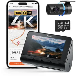 70mai A800SE Dashcam Auto Vorne Hinten 4K HDR 2160P+1080P mit 128GB SD Dual Autokamera 3" IPS, F1.55 Blende Nachtsicht, 210Sek.Puffer Notfall-Voraufzeichnung, Parküberwachung,