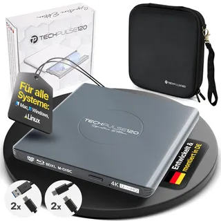 techPulse120 Externes USB 3.1 USB-C UHD 4k 3D M-DISC Blu-ray DVD CD HDR10 128GB Laufwerk Brenner Burner Signature Paket Tasche 90cm Anschlusskabel Aluminium (Grau)
