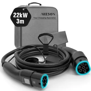 AKESON Typ 2 Ladekabel für Elektroautos - 22kW, 3M, Dreiphasen, 32A, IP55 Wasserdicht, IEC-62196-2 - Kompatibel mit Allen gängigen Ladestationen und Elektrofahrzeugen