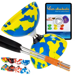 Juggle Dream Jester Diabolo Jonglierset – Kugellager Achse Profi-Diabolo mit Alu-Handstäbe und Online-Lernvideo – Jonglierspielzeug (Blau/Gelb)