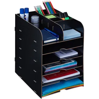 Relaxdays Schreibtisch Organizer mit Dokumentenablage, 12 Fächer, Hbt: 34,5 x 25 x 32 cm, Büroorganizer Mdf, Schwarz