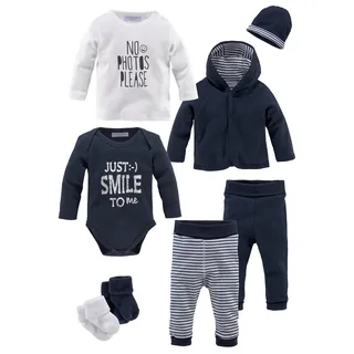 Kidsworld Starterpaket "8tlg. Baby-Set", Mädchen, Gr. 50/56, blau (marine, weiß), Interlock, Obermaterial: 100% Baumwolle. Söckchen: 95% Baumwolle, 5% Elasthan.