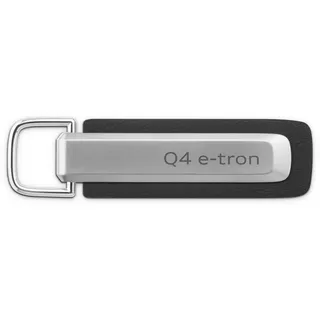 Audi Collection Audi Schlüsselanhänger Metall Leder Anhänger Schlüsselring Keyring Gravur, mit Q4 e-tron Schriftzug und Audi Ringe Logo, silber/schwarz