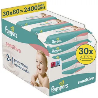 Pampers Sensitive Baby-Feuchttücher, 30 Packungen mit 80 Feuchttüchern - 2400 Baby-Feuchttücher, 2-in-1 sanfte Reinigung und Hautschutz