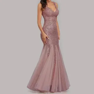 Zilimontt Elegant Damen Slim Sexy Fit Pailletten Ärmelloses Kleid, Pailletten Meerjungfrau Abendkleid V-Ausschnitt Ärmellos Formale Abschlussball Hochzeit Party Kleider (S Rosa)