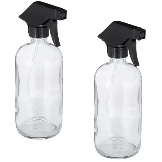 Relaxdays Sprühflasche Glas, Set, 2x 500ml, nachfüllbar, Nebel u. Strahl, Haarpflege, Reinigung, Zerstäuber, transparent