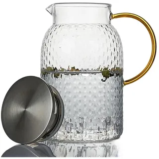 HONYUET Glaskaraffe mit Deckel 1,5L, Borosilikatglas Wasserkaraffe, Teekanne Glas Hammerschlag-Textur Goldgriff Edelstahlfilter Siebeinsatz, 15cm Hitzebeständige Glaskanne, Für Heiß- und Kaltgetränke