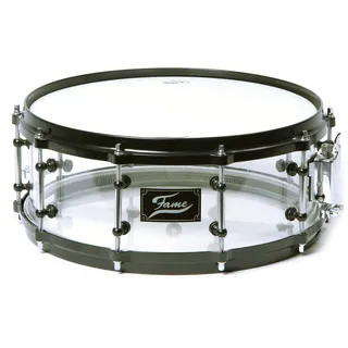 Fame Acryl Snare Drum, 14"x5.5", Transparent Clear, Black HW, Stahl Spannreifen, Tube Style Böckchen, Preisbrecher, Erstaunliche Resonanz und Optik"
