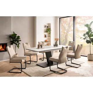 OTTO home Essgruppe "Altona", Esstisch ausziehbar plus 6 Stühle, (7-tlg., Esstisch ausziehbar 140 - 180 cm, 6 Freischwinger), Säulentisch 140-180x90 cm, Stuhl mit Federkorb, 140 kg belastbar beige|weiß