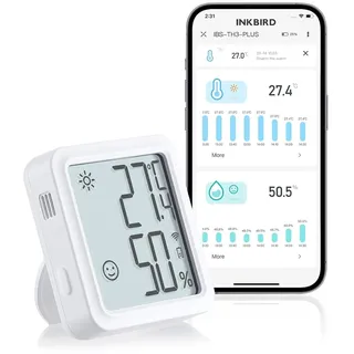 Inkbird Wlan Thermometer Hygrometer, IBS-TH3 Plus Innenraum-Temperatur-Feuchtigkeitssensor mit Wiederaufladbarem Akku, LCD-Display, App-Benachrichtigung, Datenspeicher-Export, für Gewächshaus, Zuhause
