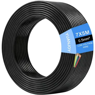 Yuanjoy KFZ Kabel 7x0,5mm2 5m Kupfer Rund Flexibel Universal | Reines Kupfer PVC Isolierung 7 Aderfarben schwarzer Mantel CE RoHS abriebfest wetterfest flexibel für Wohnwagen LKW Trailer