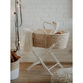 Babywiege mit Baby Moseskorb mit Ständer und dreilagiger Matratze, Stubenwagen mit Klappständer, handgefertigter Baby-Schlafkorb, weißer Ständer