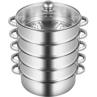 Dampfkocher, 5 Etagen Edelstahl Gemüsedämpfer Stapelbar Dampfgarer, Durchmesser 26 cm Dampfgarer Gardampfkochtopf Kochtopf mit Pfanne Glasdeckel Dämpfern für Kochen (Silber)