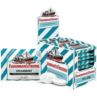 Fishermans friend Fisherman's Friend Spearmint, 24er Vorratsbox, grüne Minze und Menthol Geschmack, zuckerfrei & vegan, Bonbons für frischen Atem, 24 Beutel,