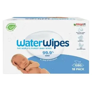 WaterWipes Feuchttücher Baby, 1080 Tücher, unparfümiert, je 60 Stück, 18 Pack