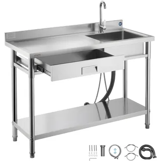 Vevor Spültisch Spülbecken Edelstahl (120 x 50 x 94 cm), Einzelbecken mit Wasserhahn & Schublade, Küchenspüle für Garage Restaurant Wäscherei, Waschtisch Außenspüle mit Arbeitsplatte (links)