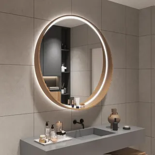 PHQCIV Holzrahmen-Spiegel Mit Beleuchtung Und Antibeschlagfunktion, Runde LED-Badezimmerspiegel,50CM|60CM|70CM|80CM, Beleuchteter Kosmetikspiegel Mit 3-farbig Dimmbar(Natural Wood Colour,60cm)