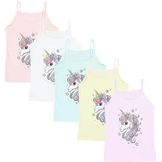 TupTam Mädchen Unterhemd Spaghettiträger Top – Atmungsaktive Unterhemden Mädchen im 5er Pack, Farbe: Einhorn Rosa Grün Gelb, Größe: 134-140 - 134-140