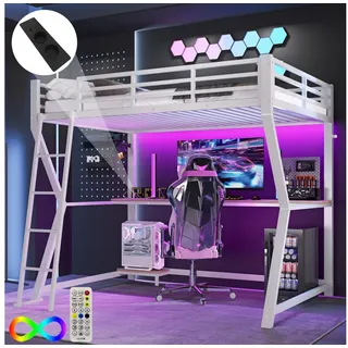 HAUSS SPOLE Hochbett 90x200cm mit Ambientelicht, Schreibtisch, Steckdose+USB, Weiß (Hochbett 90x200 cm mit Fernbedienbarem Ambientelicht, Computerkonsolenablage & Schreibtisch, Steckdosen + USB) ohne Matratze