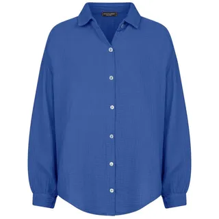 SASSYCLASSY Longbluse Oversize Musselin Bluse Damen kurz Langarm Elegant Hemdbluse lang aus Baumwolle mit V-Ausschnitt, One Size (Gr. 36-48) blau|weiß