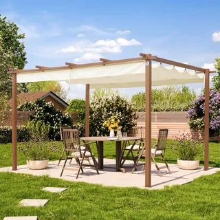 PRIMEYARD  3x4m Pergola in Holzoptik; mit Sonnensegel in Champagner - (400103)