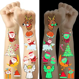 Weihnachts Tattoo Kinder, 10 Bögen Leuchtende Kindertattoos Adventskalender Füllung Kinder, Kleine Weihnachtsgeschenke für Kinder Weihnachtsdeko