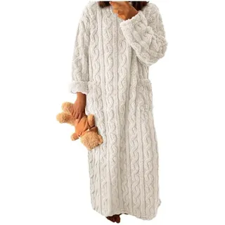 Fleece Nachthemd Damen Lang Schlafanzug - Langarm Flauschiger Hauskleid Flanell Thermo Frottee Nachthemd Weihnachts Hausanzug Mit Taschen Winter Warme Kuschelanzug Sexy Weihnachten Pyjamas