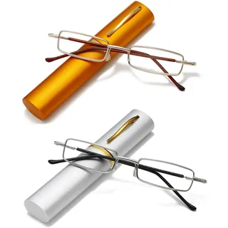 Hubeye 2 Paar Tragbare Lesebrille Damen und Herren Ultraleichtem Kompakt Lesehilfe aus Metallrahmen Schmal Metallbrille mit Brillenetui 3.00